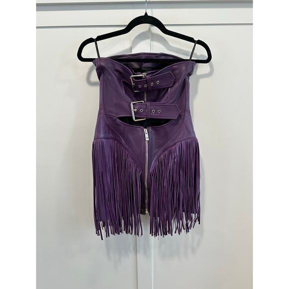 Versace Runway Bright Dark Orchid Leather Fringe Mini Dress - Picture 5 of 16